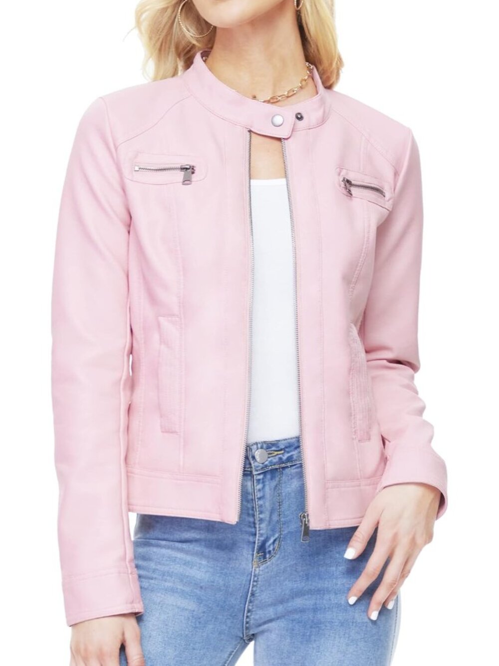 Women's Pink Zip Leather Jackets Motorcycle Stylish Moto Biker Outwear Coat